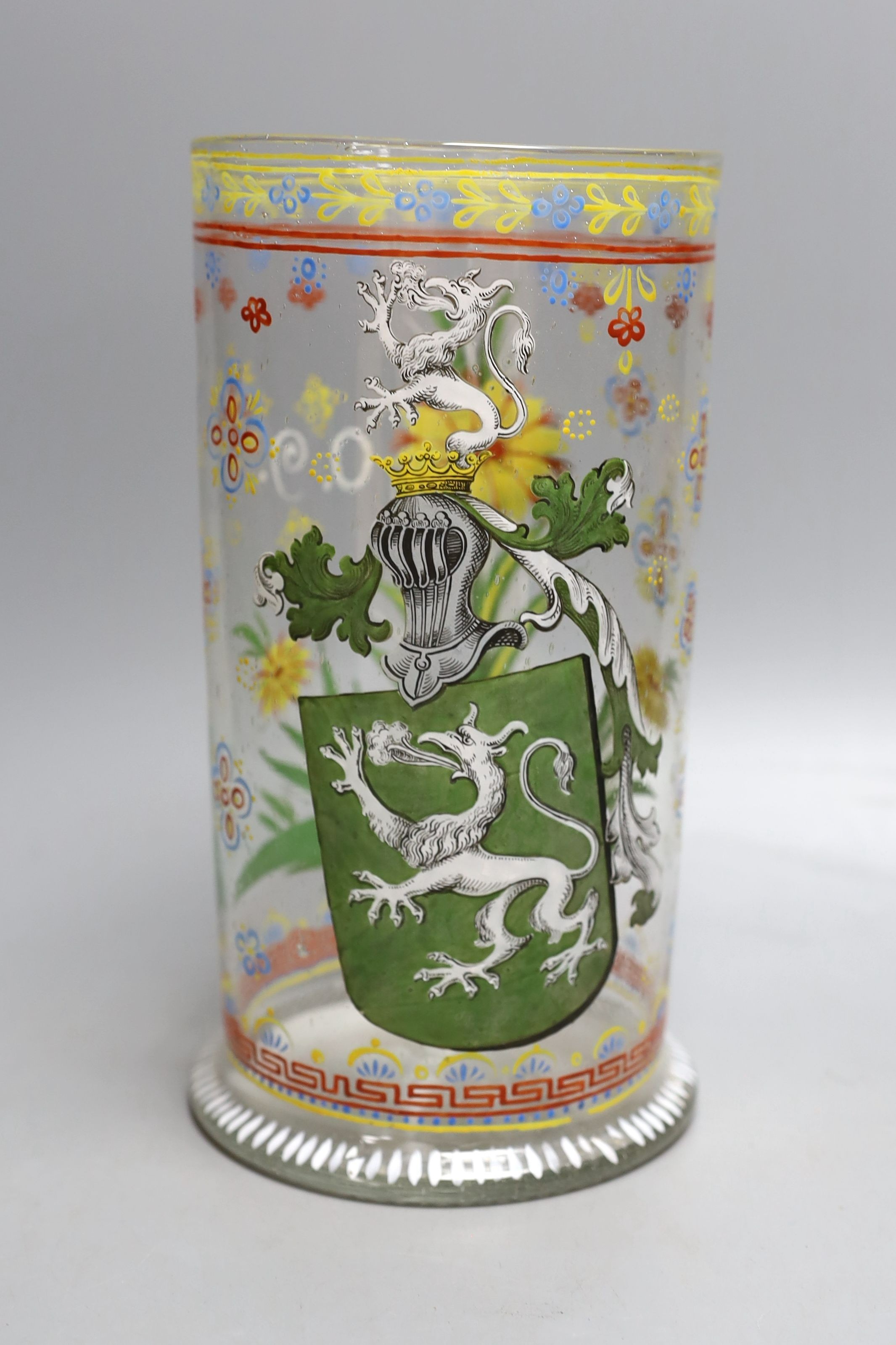 A late 19th century German Historismus glass vessel (humpen) with enamel decoration - 23.5cm tall